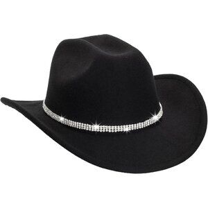 Men's Black Western with Rhinestone Band Buckle Fedora Classic Cowboy Felt Hat